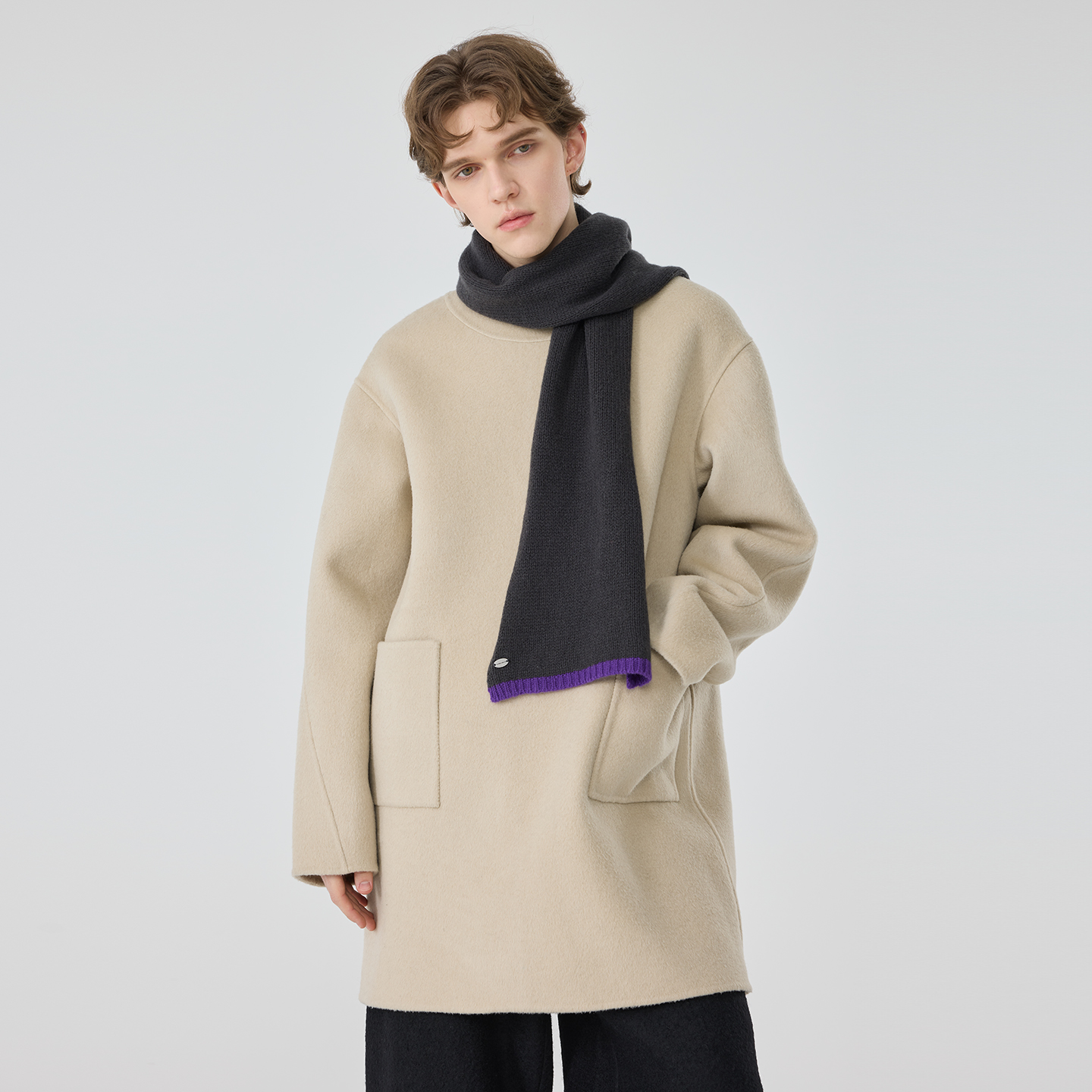 冬季双面羊毛羊绒大衣男士中长款套头宽松大衣时尚轻奢呢子外套潮