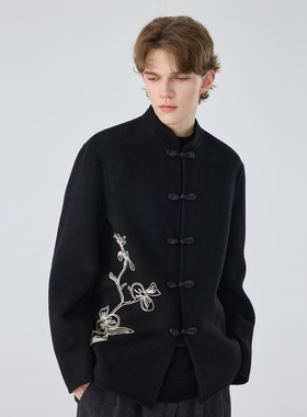 秋冬新款男士立领双面羊毛骆驼绒大衣外套绣花手工中式呢子唐装男