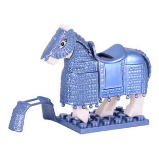 古代骑兵铠甲金国铁浮屠亮蓝红色重甲马重型头盔甲胄底板拼装积木