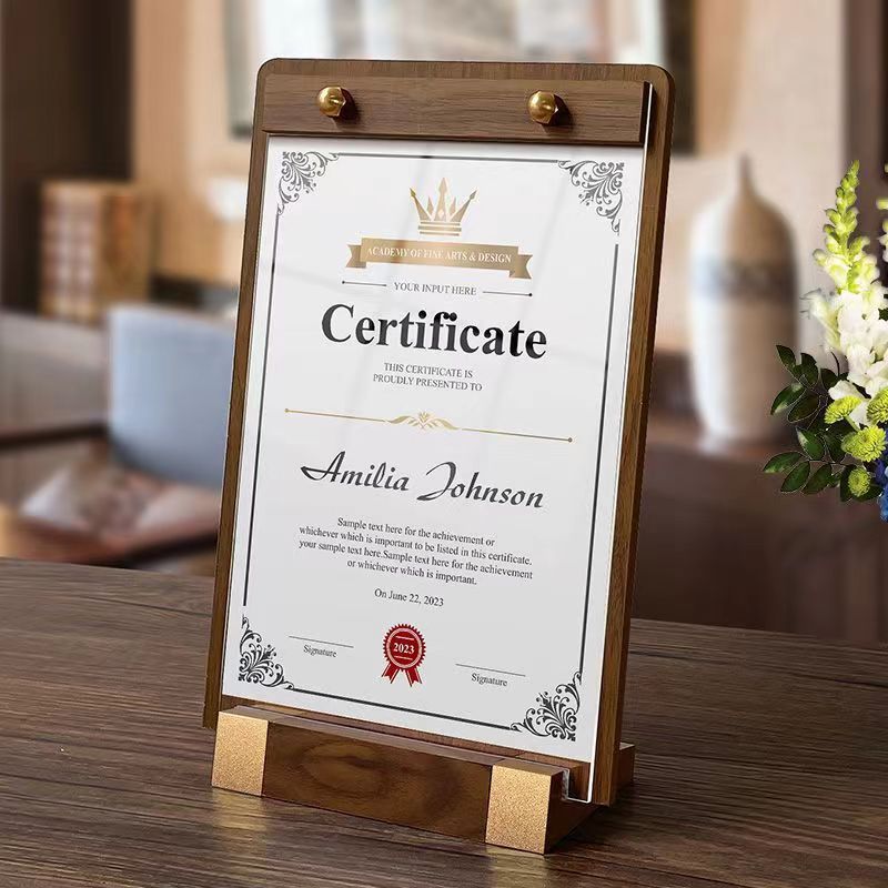 亚克力展示牌A4透明立牌桌牌木质底座台卡架a5原木台签桌面双面餐