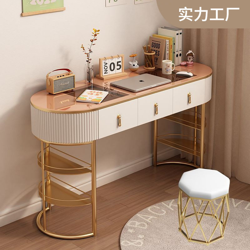 轻奢书桌简约现代卧室灰色白色笔记本写字台北欧小户型玻璃电脑桌