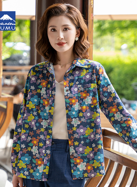 富木春夏新款碎花长袖衬衫纯棉牛仔布洋气花色上衣女装SW1C2412R4