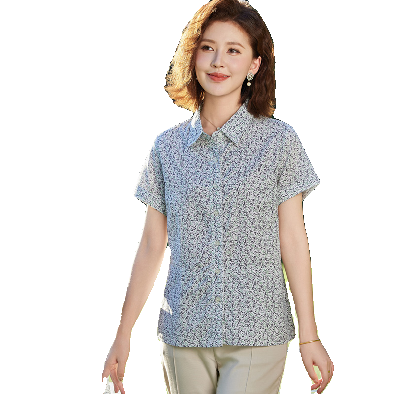 富木纯棉女短袖衬衫夏季碎花小清新上装百搭小翻领衬衣WZ1202-6N
