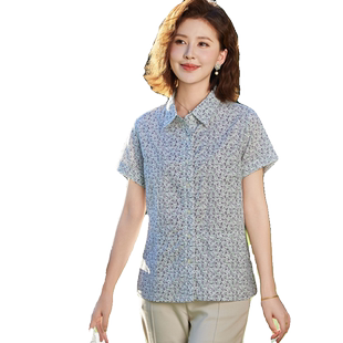 富木纯棉女短袖衬衫夏季碎花小清新上装百搭小翻领衬衣WZ1202-6N