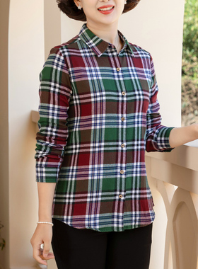 富木春夏新款绒布纯棉格子衬衫女士长袖妈妈装上衣HCS-17400E7