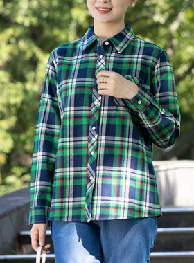 富木春秋格子绒布长袖衬衫妈妈装纯棉衬衣休闲上衣女装SW1C210R3