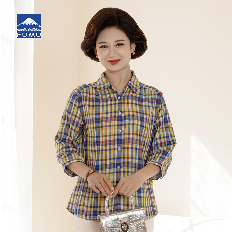 富木双层纱格子衬衫妈妈装