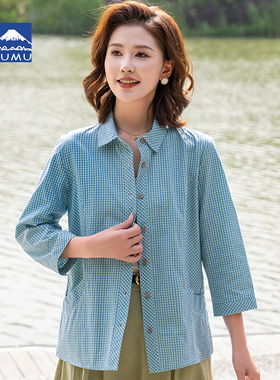 富木春夏平布格子衬衫全棉七分中袖拼色格纹纯棉衬衣ZH2D453R3