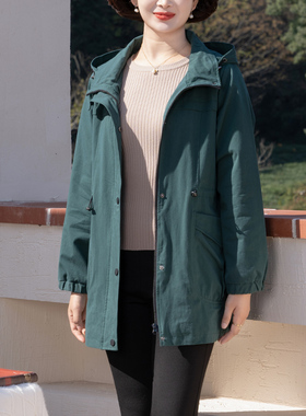 富木绿色纯棉外套女春秋新款高级感连帽妈妈装中老年ZH1V503-1R3