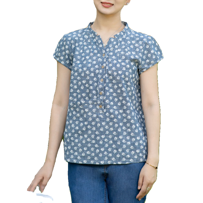 富木夏季新款纯棉平布短袖衬衫大花印花套头衫妈妈装CF2E19128R3