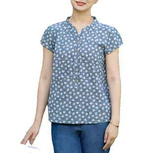 富木夏季新款纯棉平布短袖衬衫大花印花套头衫妈妈装CF2E19128R3