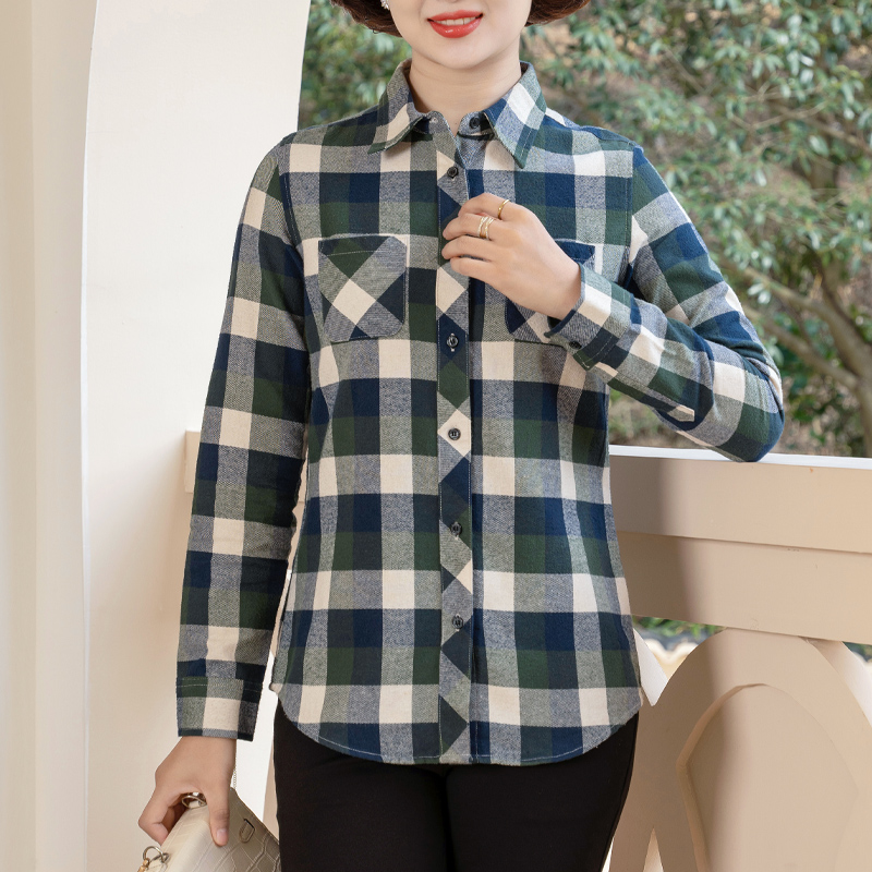 富木长袖纯棉绒布格子衬衫