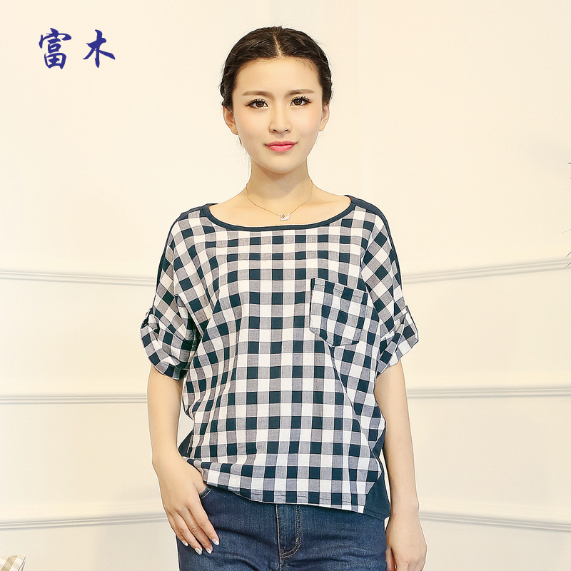 富木夏季新款女士短袖T恤格子舒适休闲大码中老年妈妈装ZH-48E5