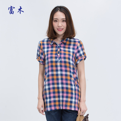 富木夏季新款女士纯棉格子衬衫