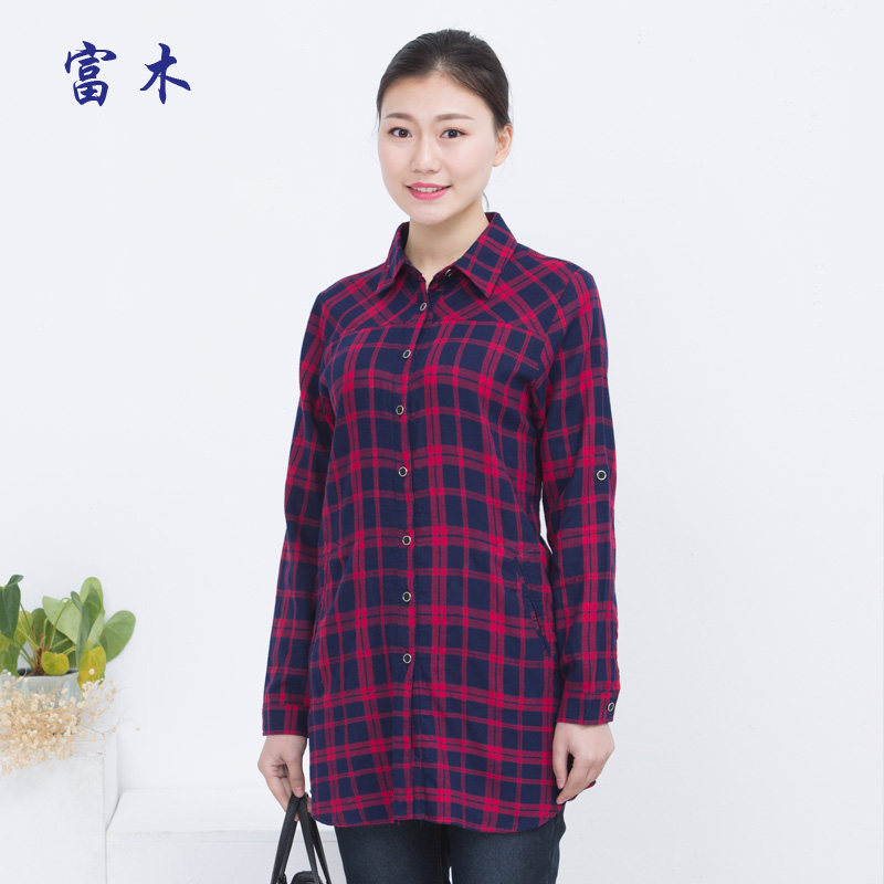 富木秋季新款  女士纯棉长袖 格子衬衫 cf1795e7 中长款