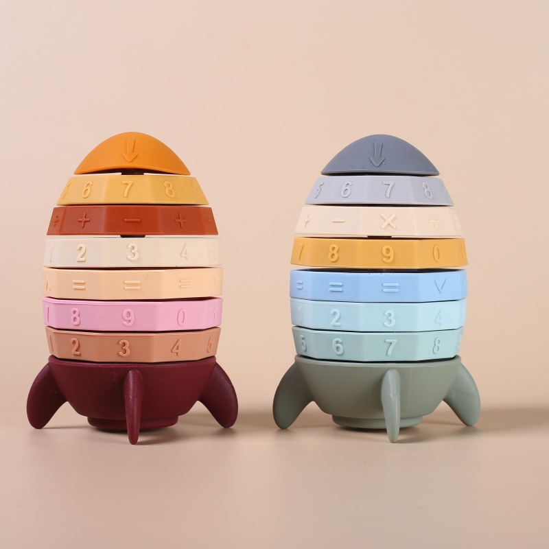 食品级火箭彩虹堆叠叠乐可啃咬儿童早教亲子益智套圈硅胶玩具套装