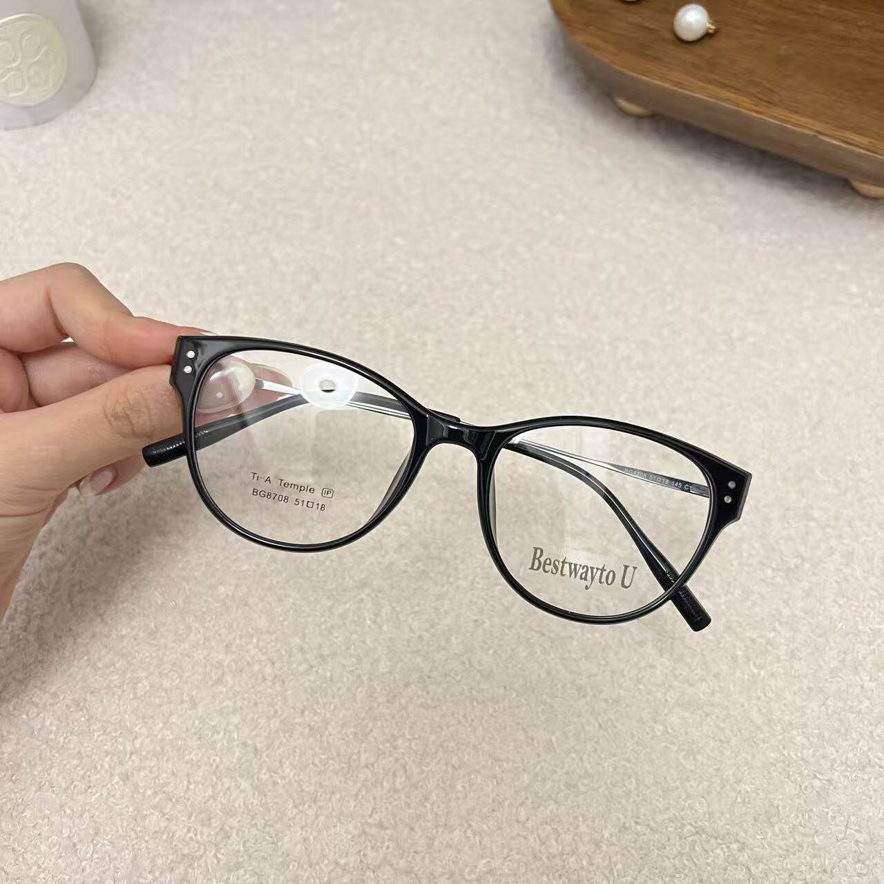 海的潮 板材猫眼黑框玳瑁色修饰脸型显脸小素颜神器镜框 Cat eye - 实物图