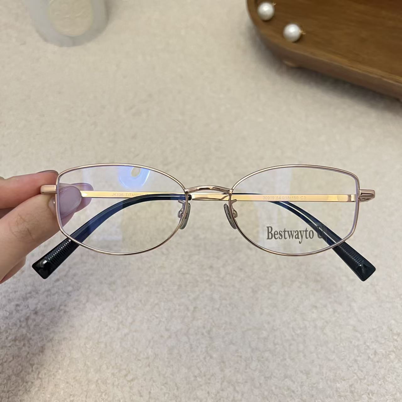 海的潮 纯钛眼镜可配近视度数窄版书呆子镜框细边银丝 几何超轻钛
