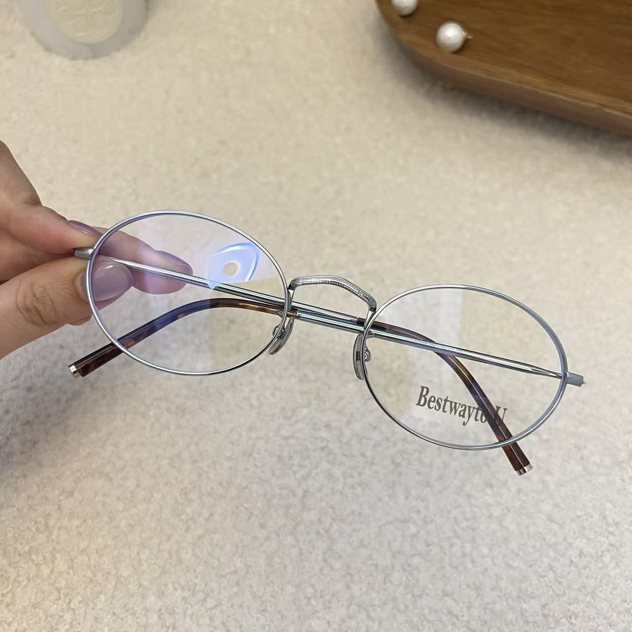 海的潮 纯钛大框眼镜 显脸小银色金色镜框 适合大脸的细边书呆子
