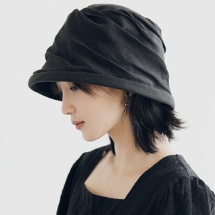 百搭渔夫帽日系甜美 韩版 设计师自留款 褶皱风棉麻帽子女春夏新款