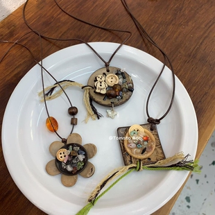 天然椰木片碎石花朵小熊秋冬毛衣链小众设计