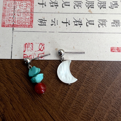 手作迷你松石玛瑙石月亮贝壳古风新中式松石小耳钉蚊香盘耳夹汉服