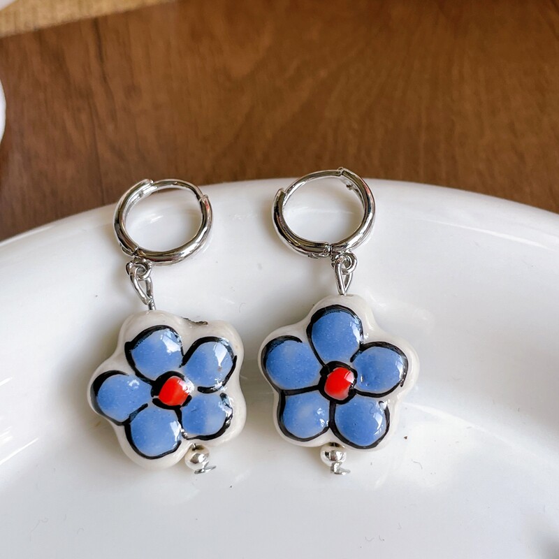 艺术感青花瓷花朵陶瓷简约耳环手作原创设计个性新中式汉服耳环