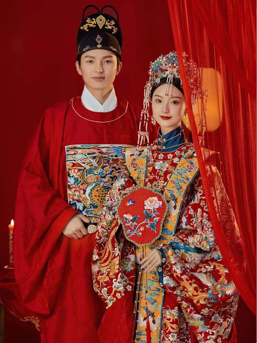 明制汉服凤冠霞披2023年新款重工中式嫁衣婚服古装男女全套中国风