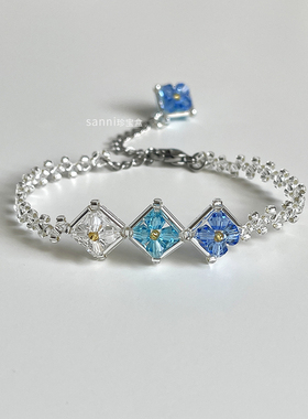 sanni珍宝盒 海洋天空宝石色调 清新透明感渐变蓝色水晶串珠手链