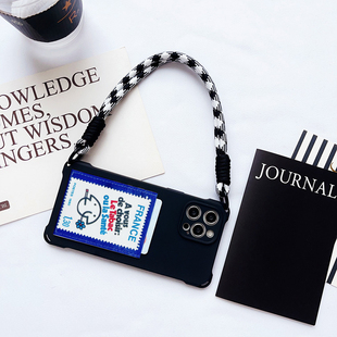 创意法语邮票手机壳带卡包适用iPhone16pro挂绳防摔15promax背贴卡套16pro苹果14 13门禁身份证收纳pro软plus