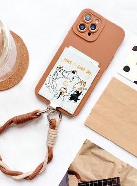 开派对的猫 创意插画手机壳带卡包适用iPhone16pro挂绳防摔15promax苹果16独立隔层卡套14/13/12背贴插卡plus