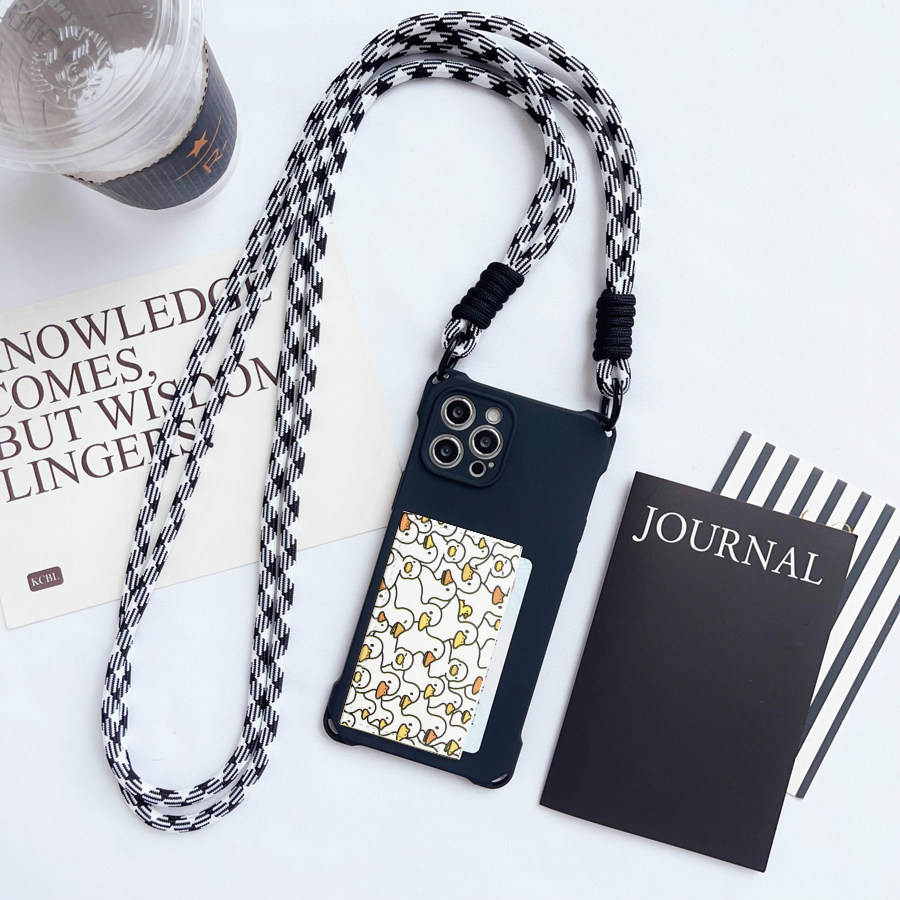 可爱小鸭独立空间卡包挂绳苹果15promax插卡手机壳斜挎iPhone14pro门禁收纳13promax卡套13/12/14斜背X软Y012