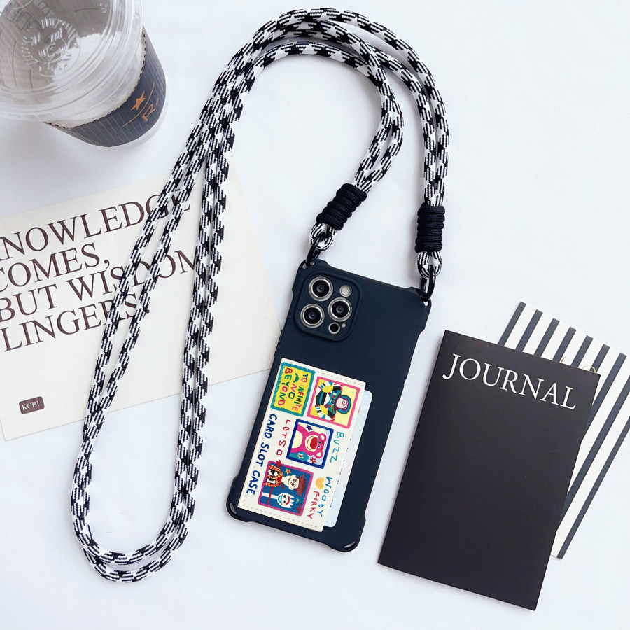 经典卡通独立空间卡包斜挎苹果15promax插卡手机壳iPhone14pro电梯门禁15pro卡套13/12/14挂绳X斜背se3软P001