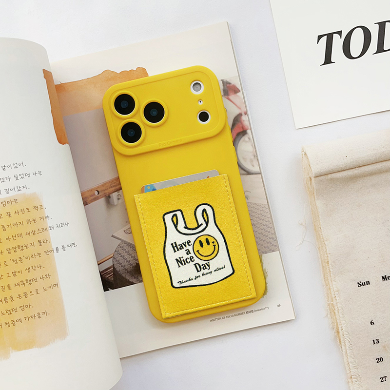 开心 黄色可爱插卡手机壳带卡包苹果17promax装卡套iphone16promax交通卡槽17pro身份证16pro精孔17/15/14/13