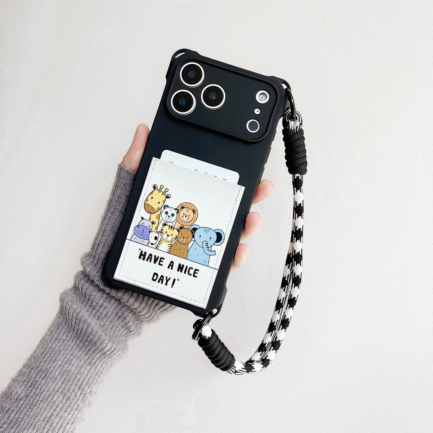 动物园趣味旅游带卡包手机壳装卡iphone17promax独立软皮质插卡16promax交通卡套15/14挂绳苹果17pro便携证件