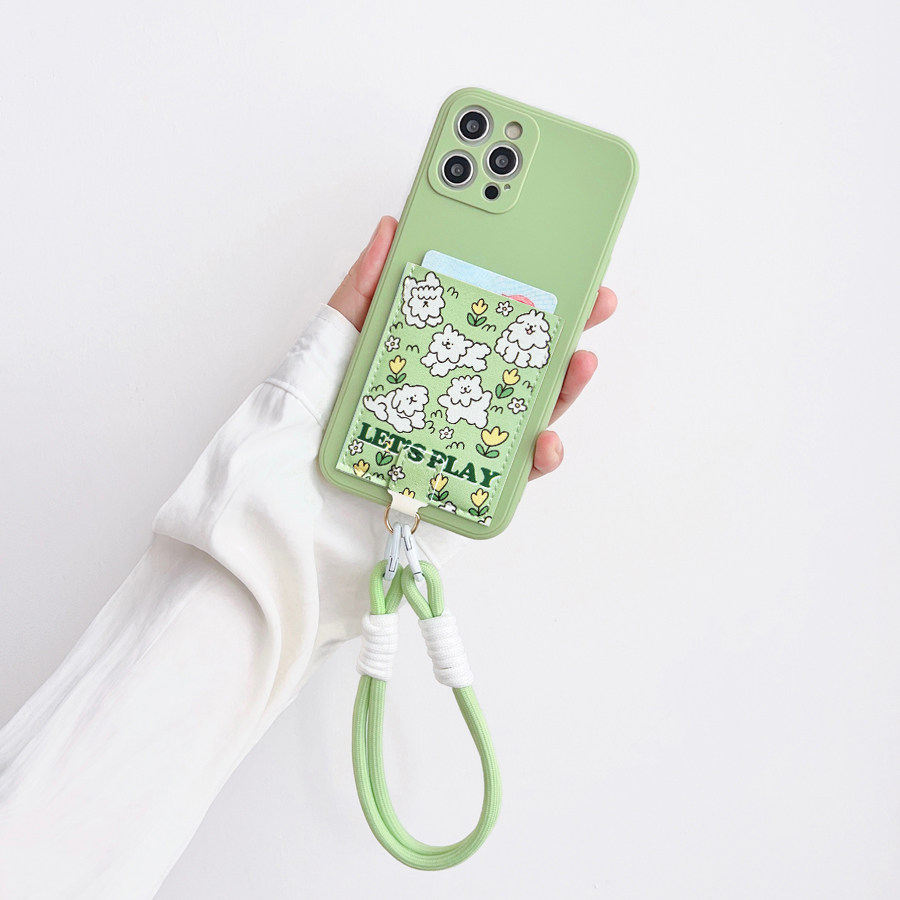 玩耍小狗 可爱清新带卡包手机壳皮质隔层iphone16promax背贴卡套15pro交通卡槽苹果16/13挂绳防摔保护14pro软