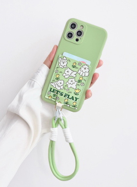 玩耍小狗 可爱清新带卡包手机壳皮质隔层iphone16promax背贴卡套15pro交通卡槽苹果16/13挂绳防摔保护14pro软