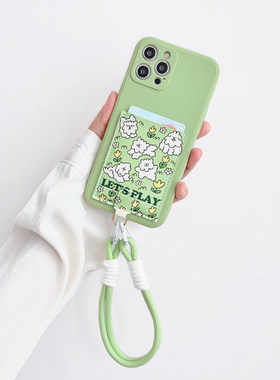 玩耍小狗 可爱清新带卡包手机壳皮质隔层iphone16promax背贴卡套15pro交通卡槽苹果16/13挂绳防摔保护14pro软