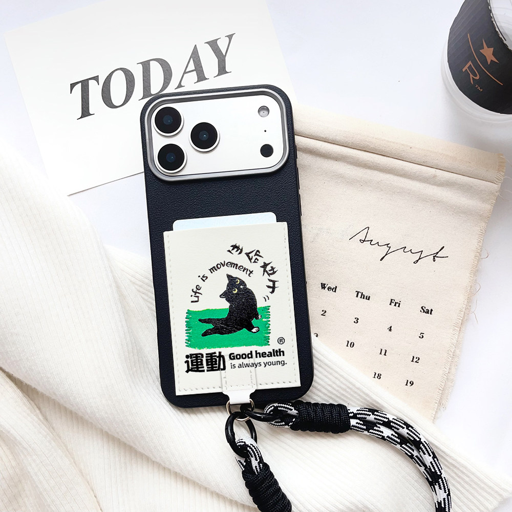 生命在于运动猫咪挂绳手机壳带卡包苹果17promax装卡身份证16promax旅游便携插卡16/15/14/13/12独立皮质卡套