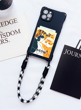 创意三次方猫卡通挂绳防摔手机壳带卡包适用iPhone16pro背贴卡套苹果15promax门禁身份证电梯卡收纳14/13/12