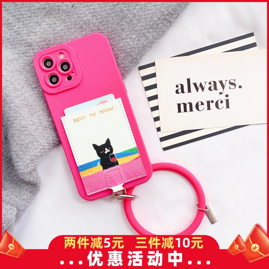 多巴胺INS黑猫可爱插卡手机壳带卡包iphone16promax皮质隔层背贴卡套14pro卡槽苹果13/15挂环防摔保护15pro软