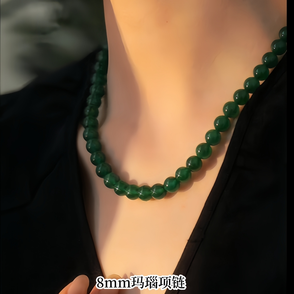 7A级天然绿玛瑙项链女新中式翡翠玉髓碧玉色串珠珠子颈锁骨毛衣链