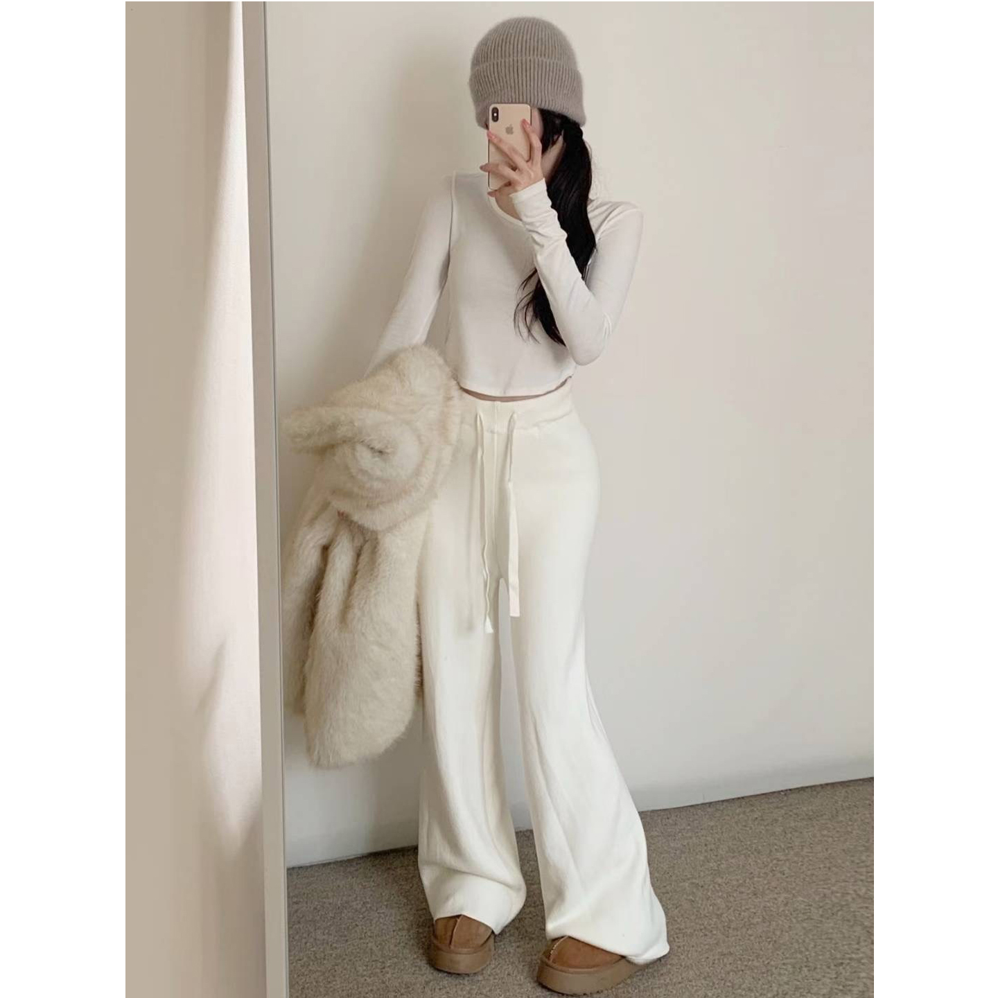 针织卫裤系带微喇叭裤加厚长裤