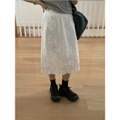 韩国东大门新款 简约气质松紧腰镂空立体花纹花边中裙纯色半身裙女
