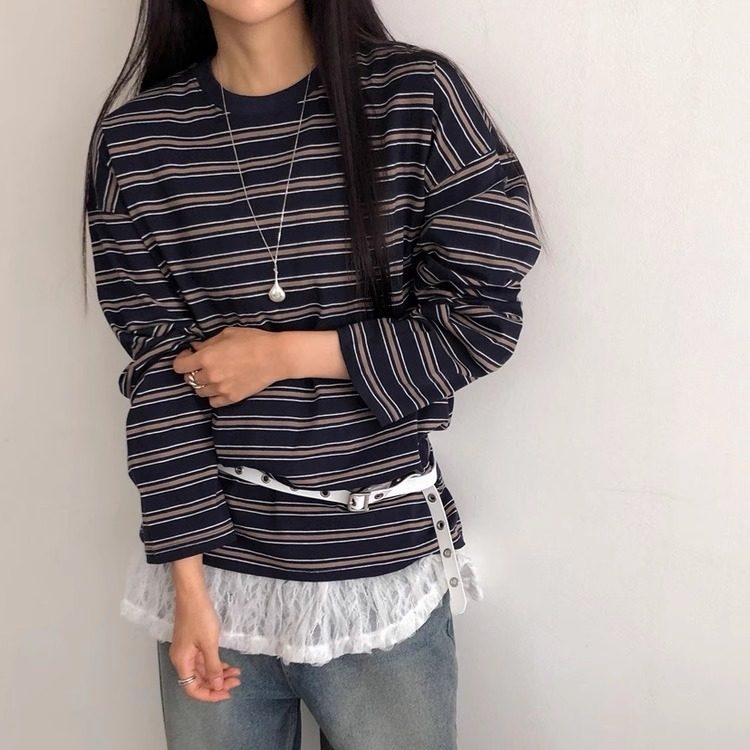 韩国东大门2025秋季新款女气质宽松圆领条纹长袖T恤,女装/女士精品,T恤,淘宝优惠券,粉丝福利购,淘宝优惠卷