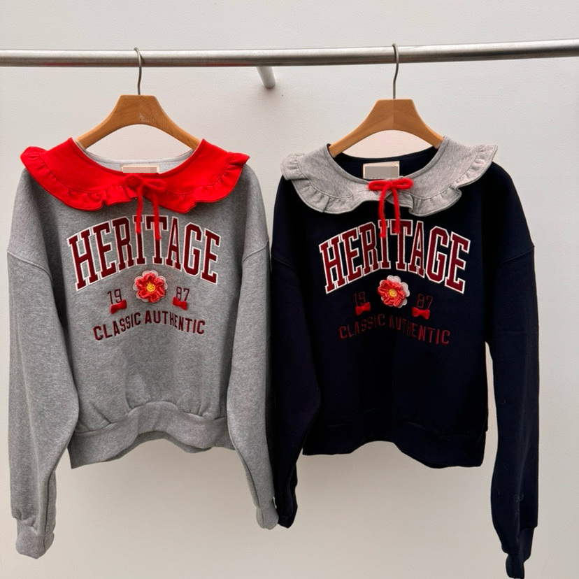 娃娃领刺绣加绒加厚套头翻领卫衣