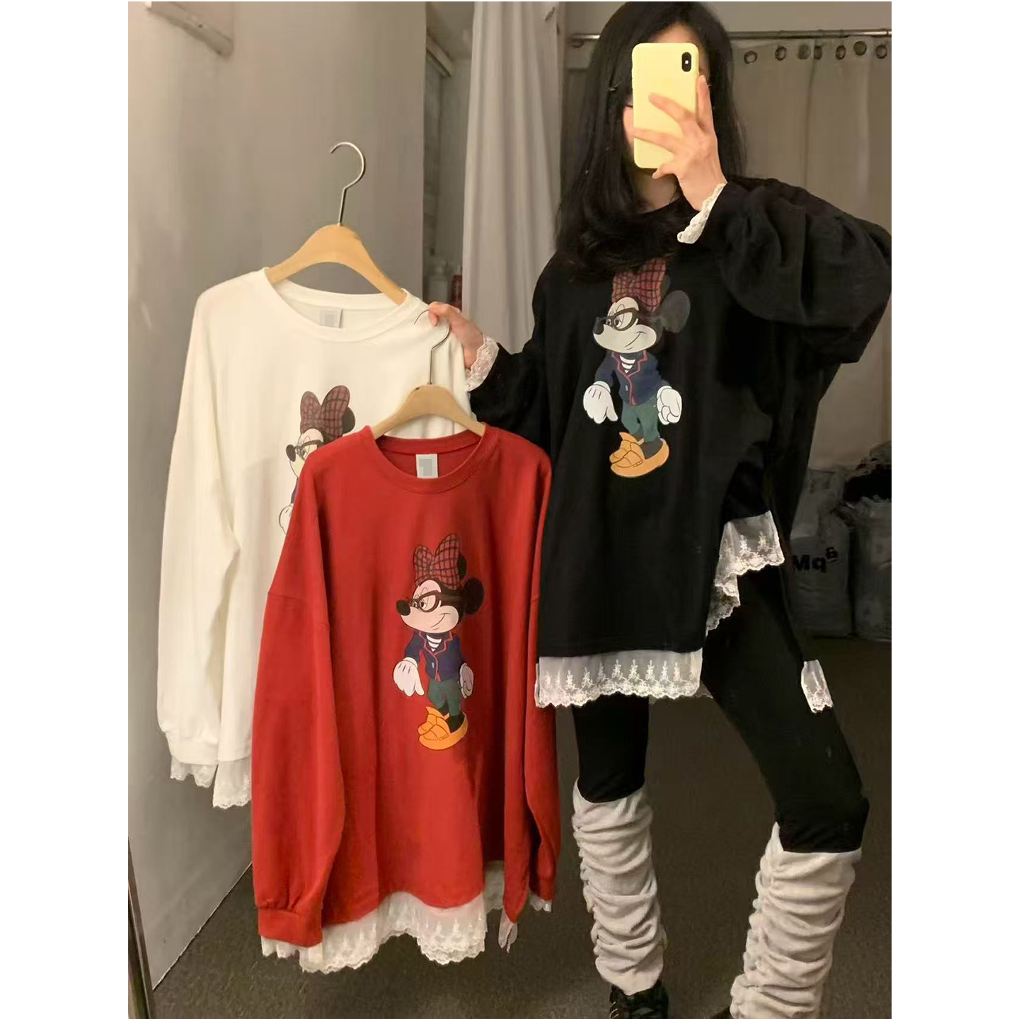 秋冬下摆蕾丝拼接长袖圆领T恤