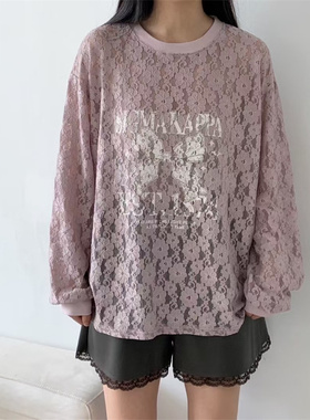 lovable韩国东大门2025秋新款时尚字母蝴蝶结蕾丝长袖圆领T恤女