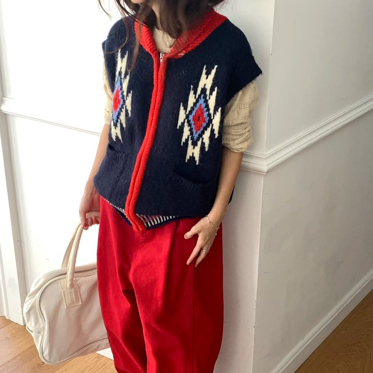 拼色小翻领拉链针织马甲外套