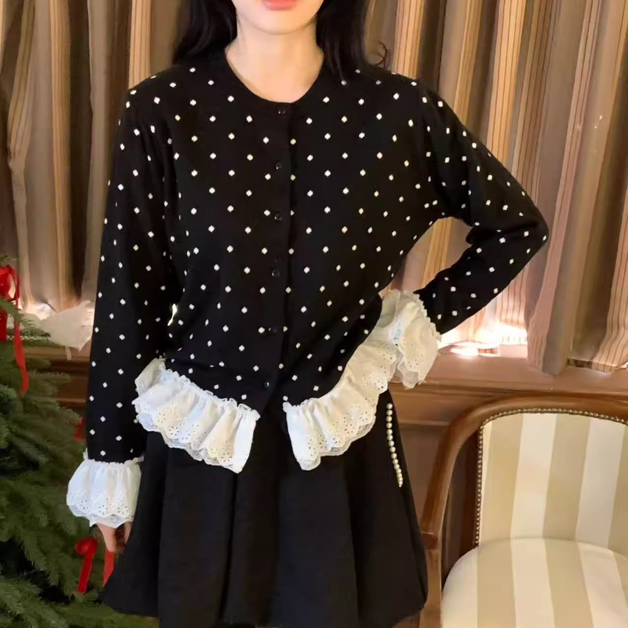 拼接系扣长袖针织衫毛衣外套